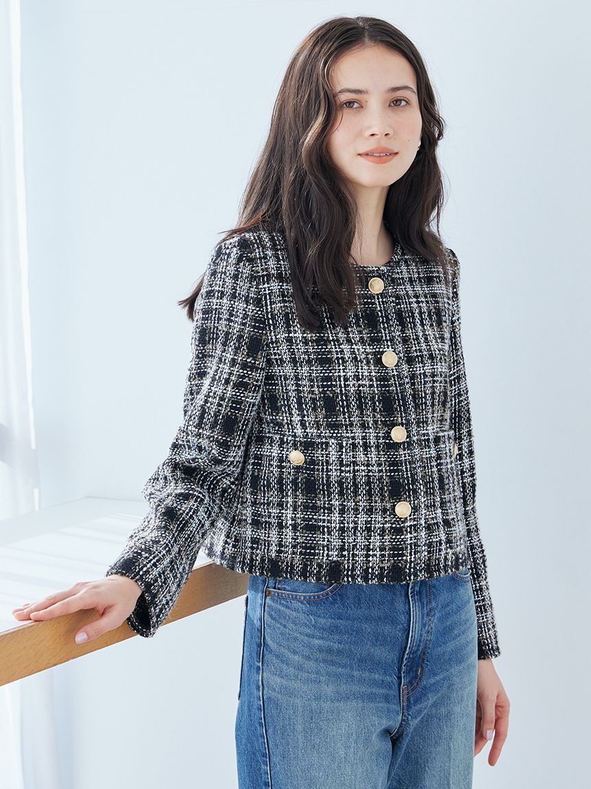 Mila Owen「クロップド金釦コンパクトツイードジャケット」|ノーカラージャケット|