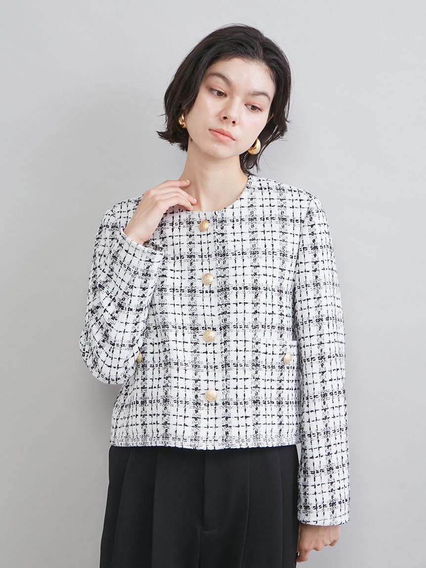 Mila Owen「クロップド金釦コンパクトツイードジャケット」|ノーカラージャケット|