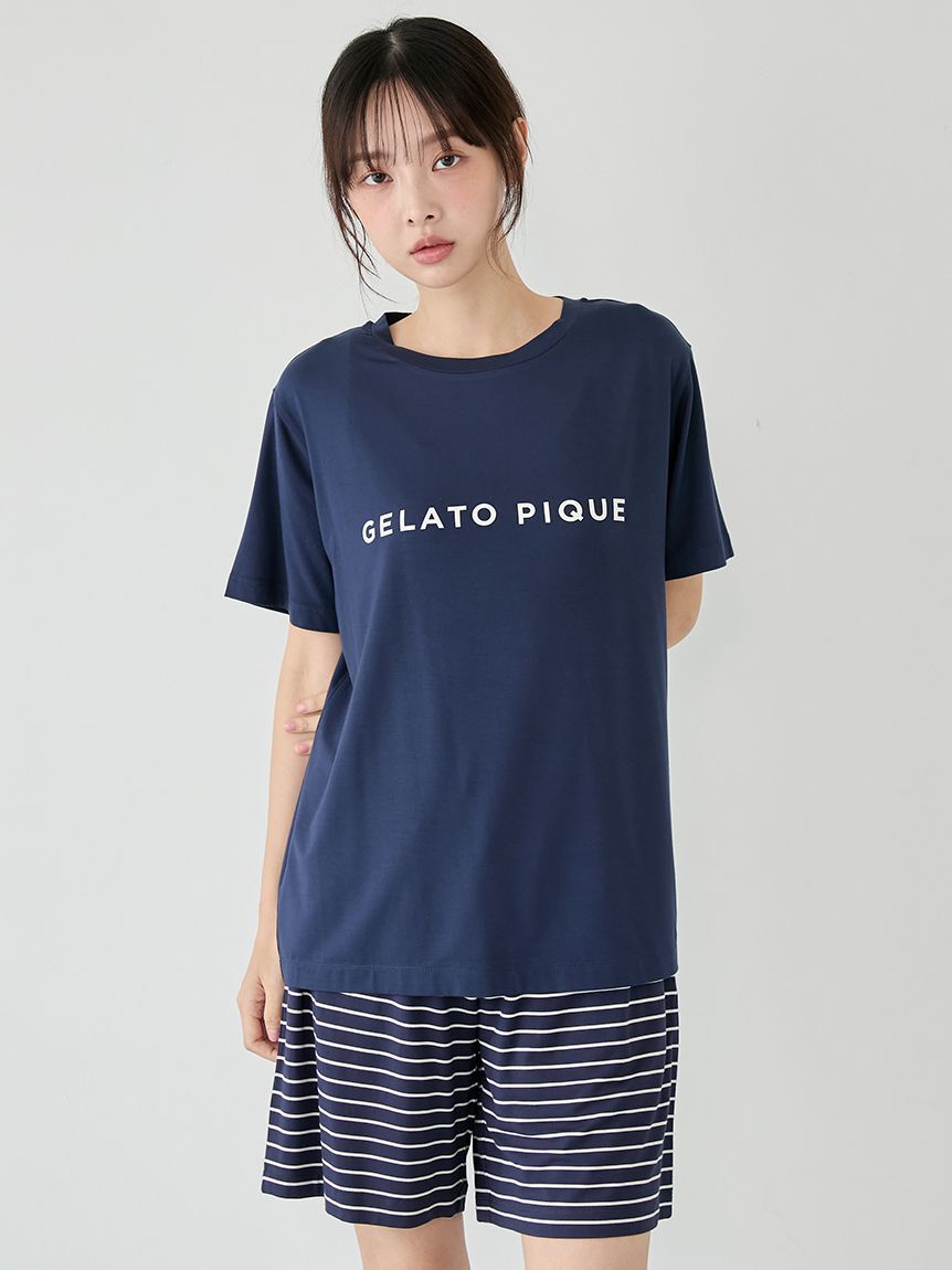 gelato pique「レーヨンロゴTシャツ&ボーダーハーフパンツセット」|ルームウェア|NVY