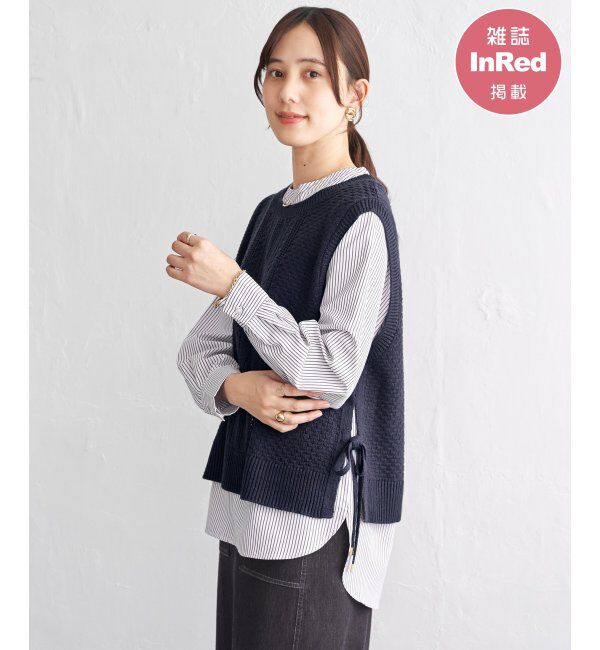 ikka「【雑誌InRed4月号掲載】ニットベストブラウスセット【2点セット】」|シャツ・ブラウス|ネイビーブルー