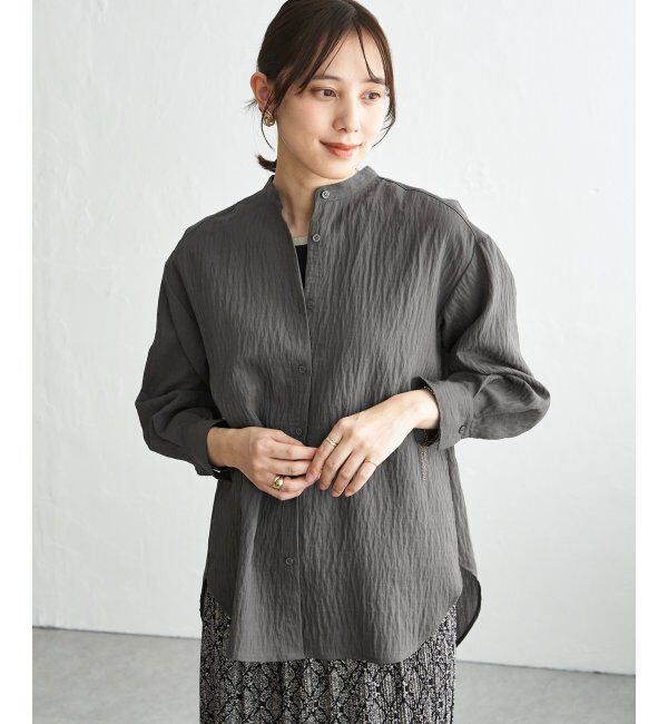 ikka「冷感リネンバンドカラーシャツ」|シャツ・ブラウス|チャコール