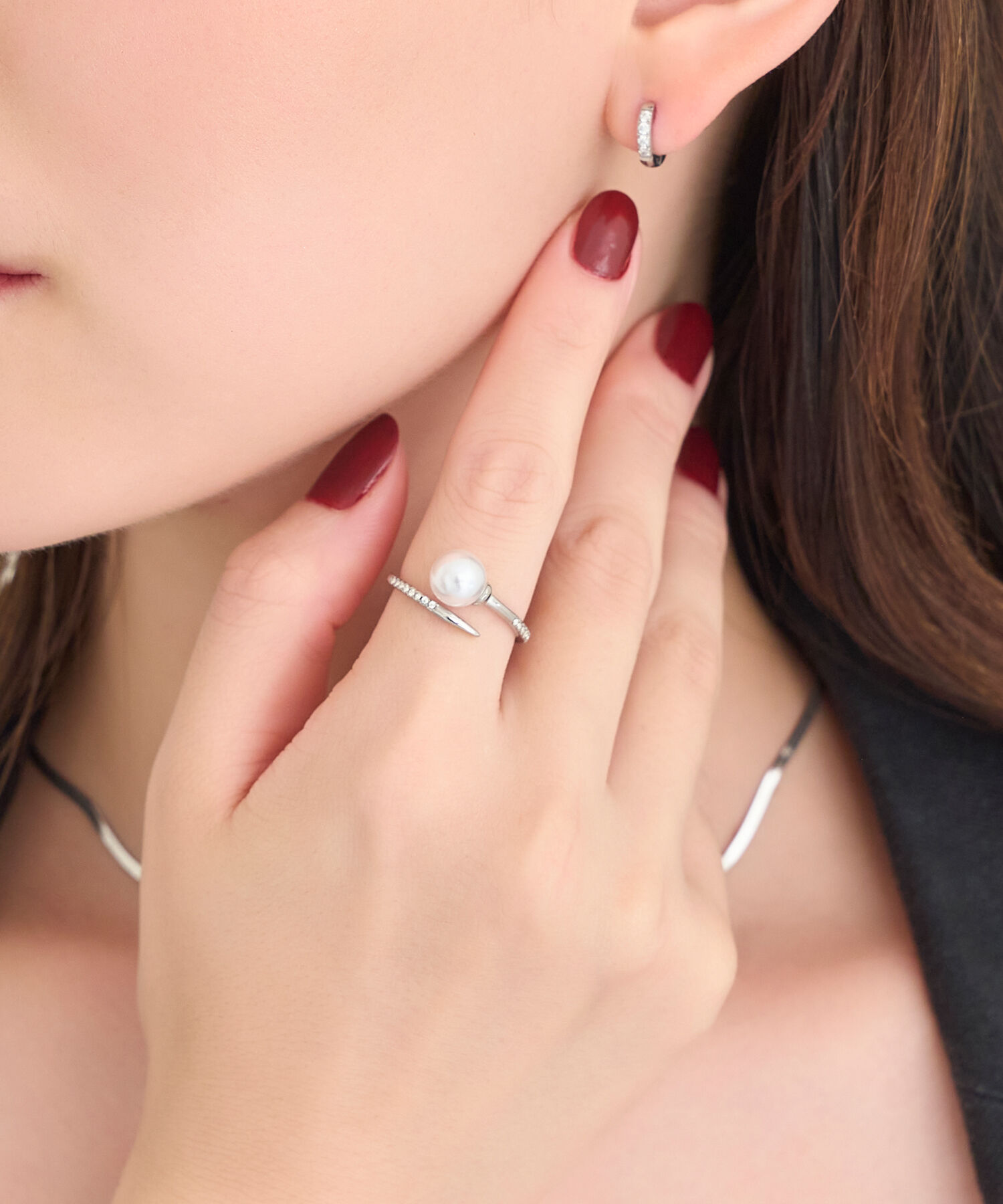 Phoebe「【金属アレルギー対応】ドローラップパールビジューリング　シルバー」|リング|