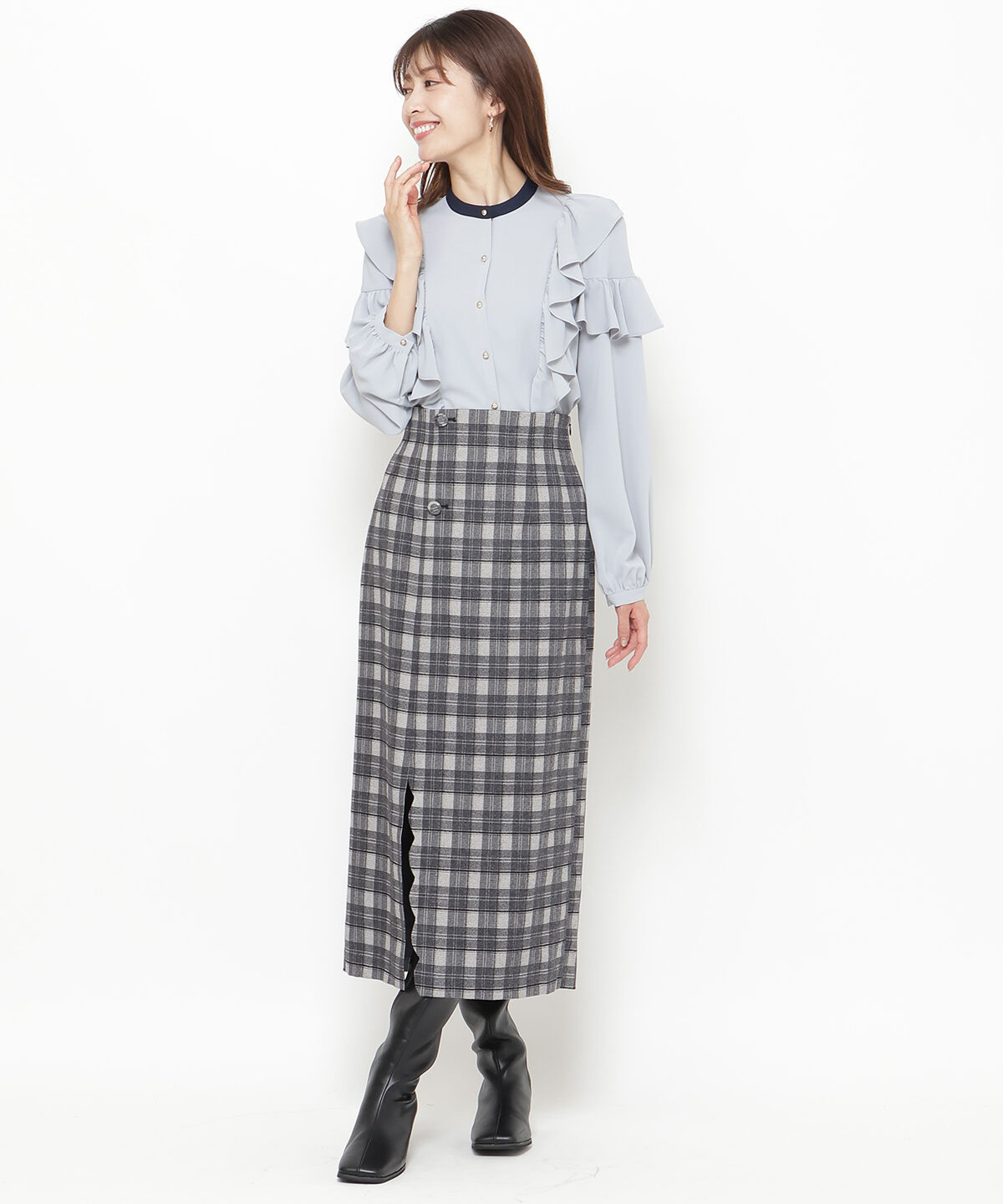 アンドクチュール「ダブルフリル配色ハイカラーブラウス」|シャツ・ブラウス|