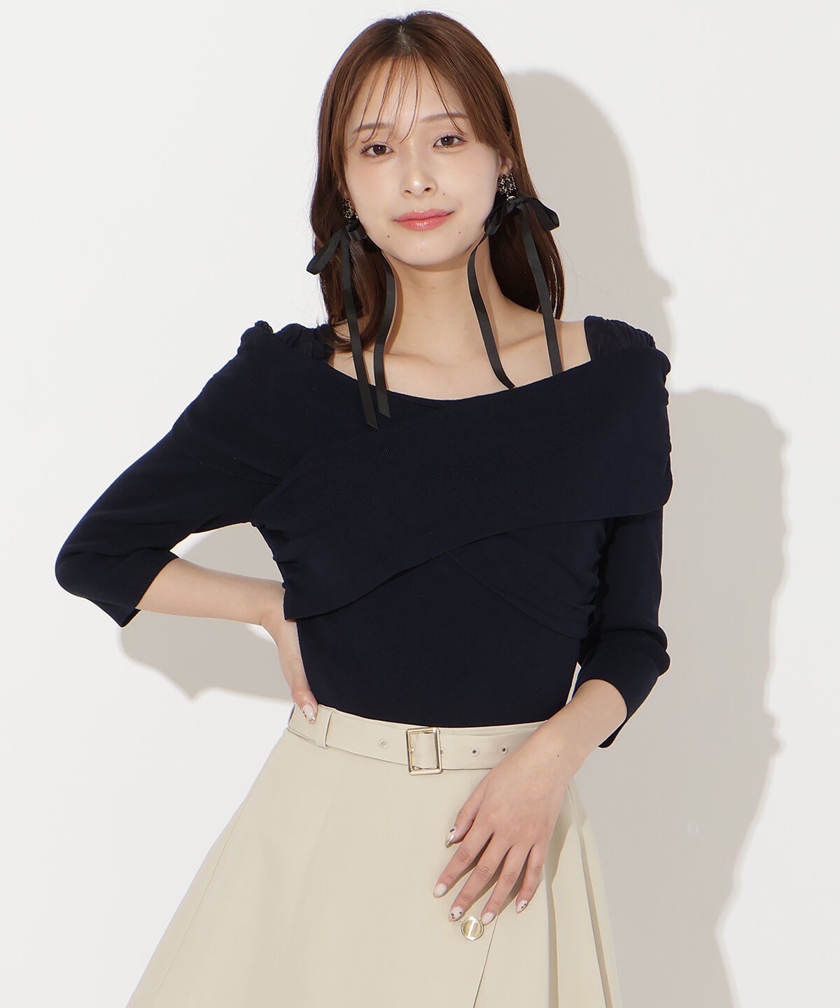 アンドクチュール「7分袖クロスネックニットプルオーバー」|ニット・セーター|