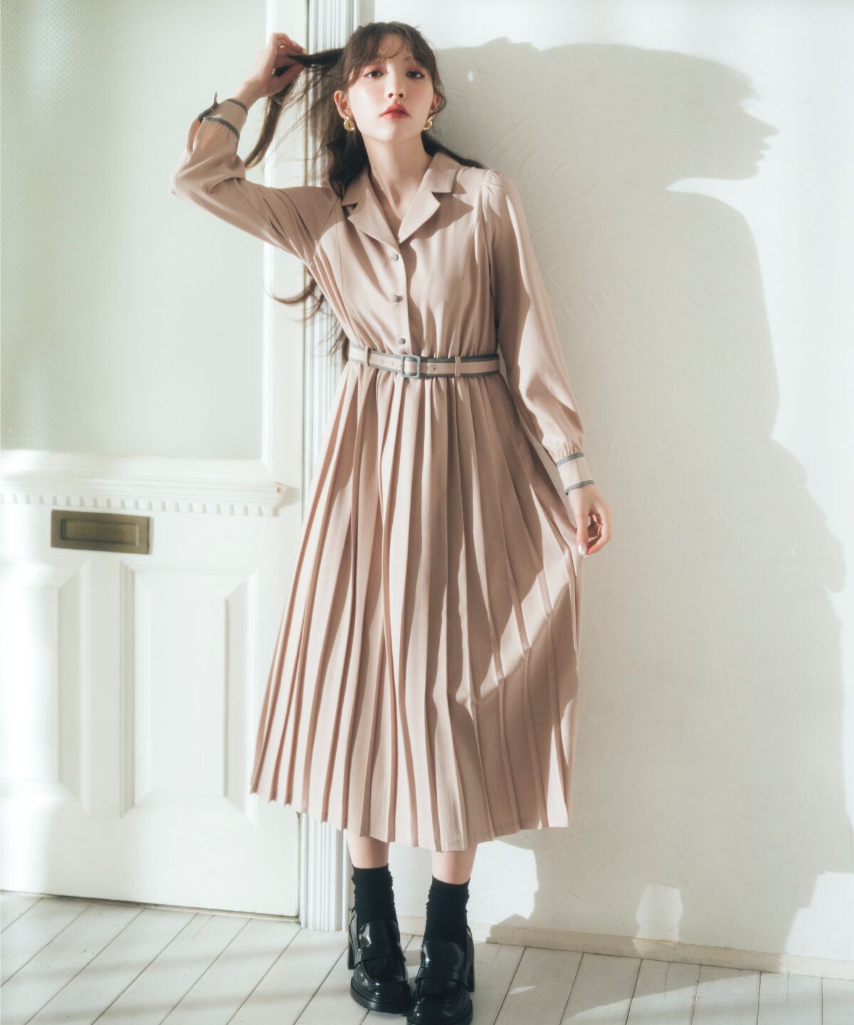 REDYAZEL「バイカラープリーツシャツワンピース」|ワンピース|