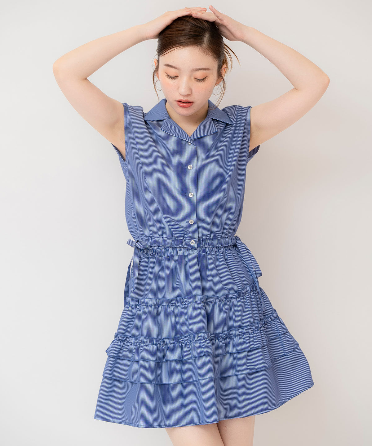 REDYAZEL「ストライプブラウス&times;ティアードスカートセットアップ」|ワンピース|ブルー