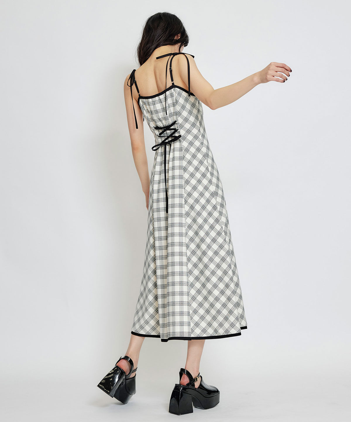 REDYAZEL「パイピングリボンキャミソールチェックフレアロングワンピース」|ワンピース|