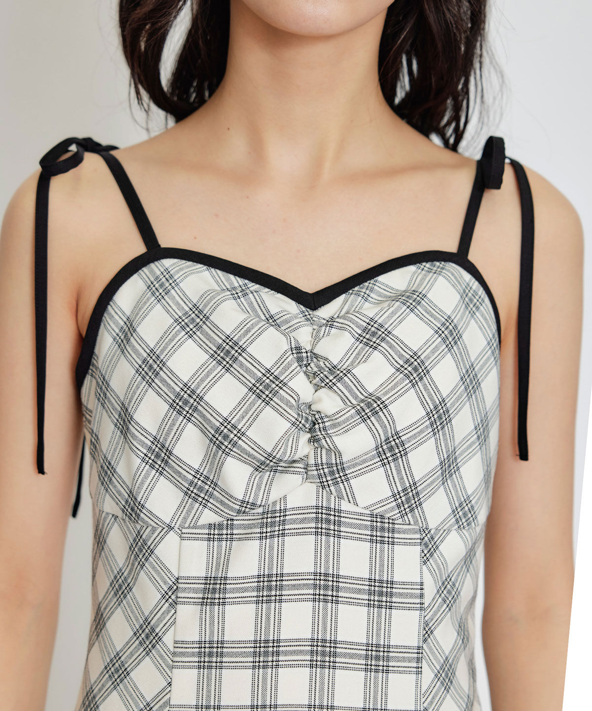 REDYAZEL「パイピングリボンキャミソールチェックフレアロングワンピース」|ワンピース|