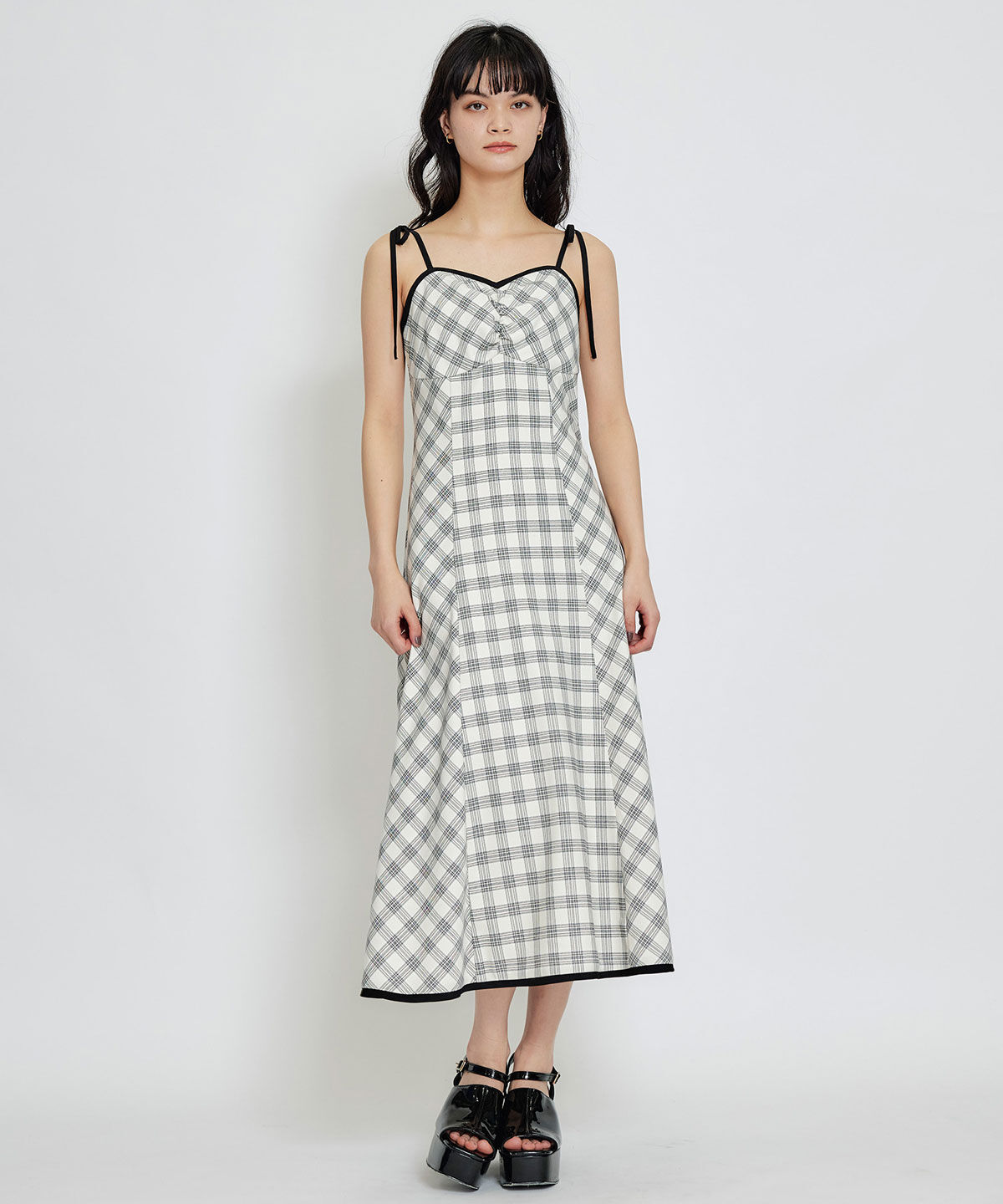 REDYAZEL「パイピングリボンキャミソールチェックフレアロングワンピース」|ワンピース|
