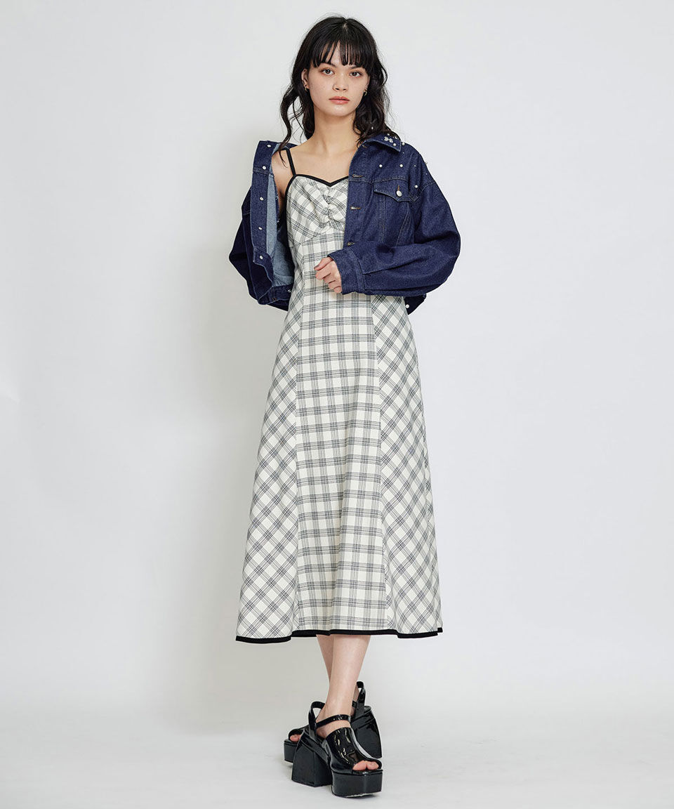 REDYAZEL「パイピングリボンキャミソールチェックフレアロングワンピース」|ワンピース|