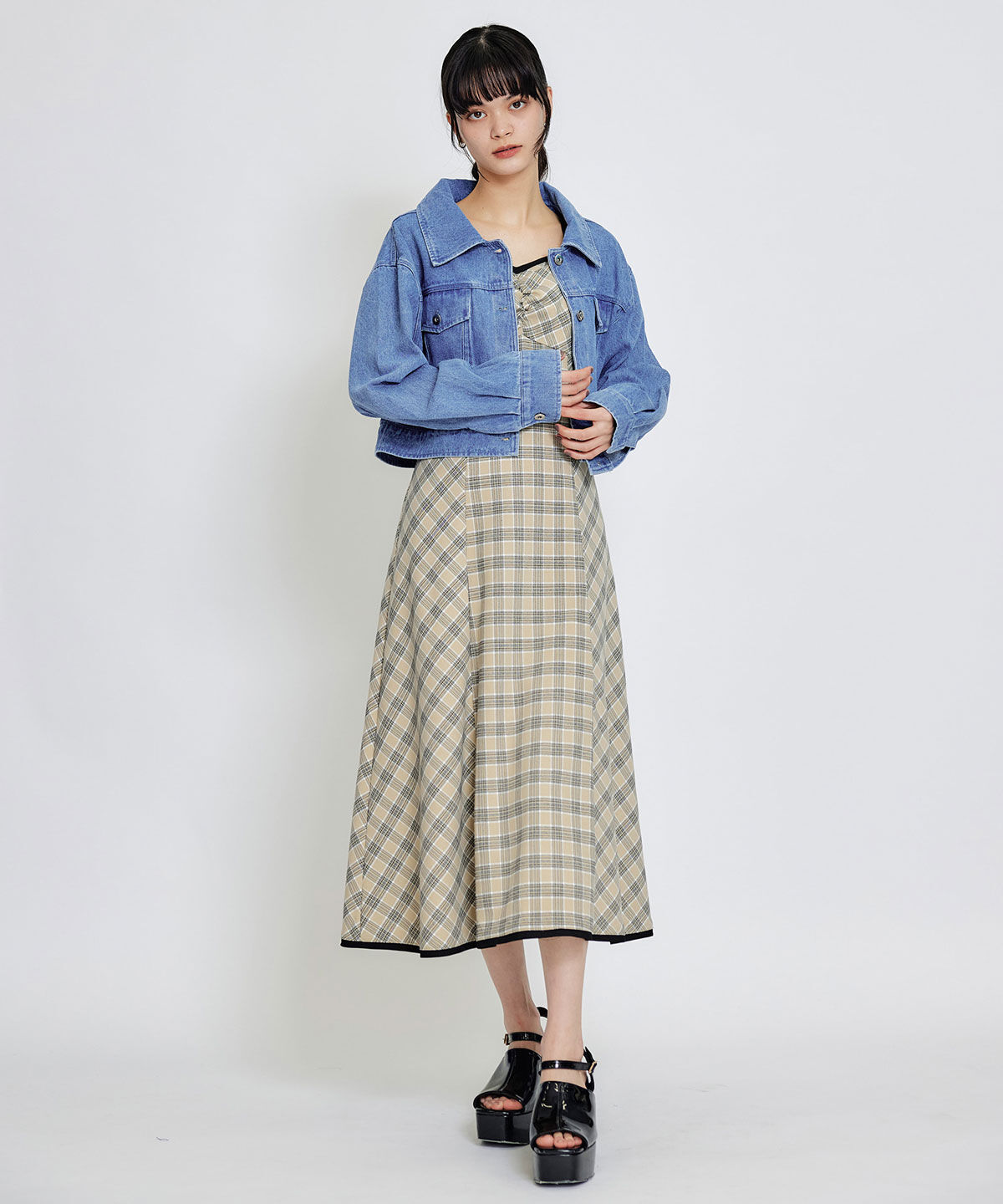 REDYAZEL「パイピングリボンキャミソールチェックフレアロングワンピース」|ワンピース|