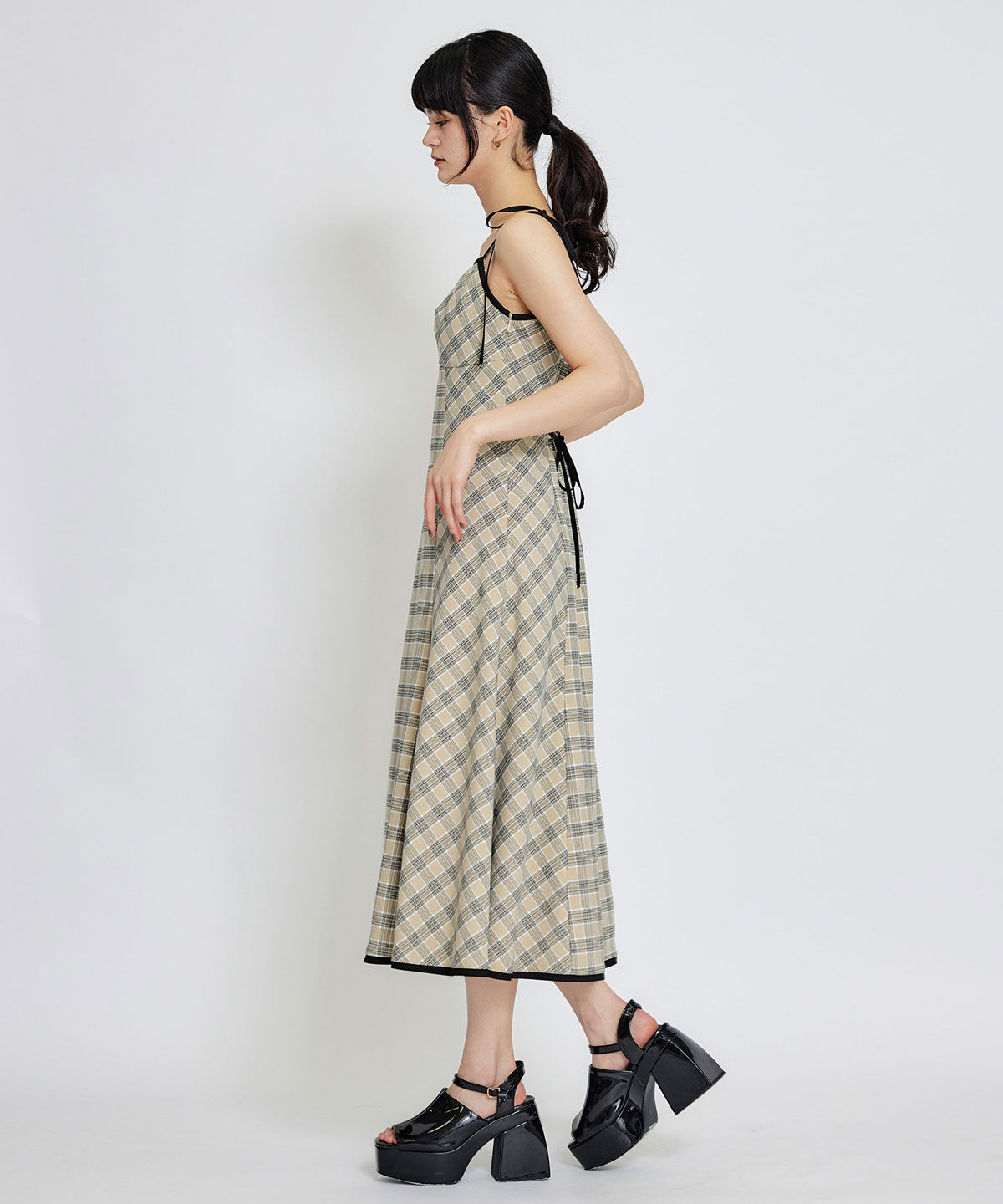 REDYAZEL「パイピングリボンキャミソールチェックフレアロングワンピース」|ワンピース|