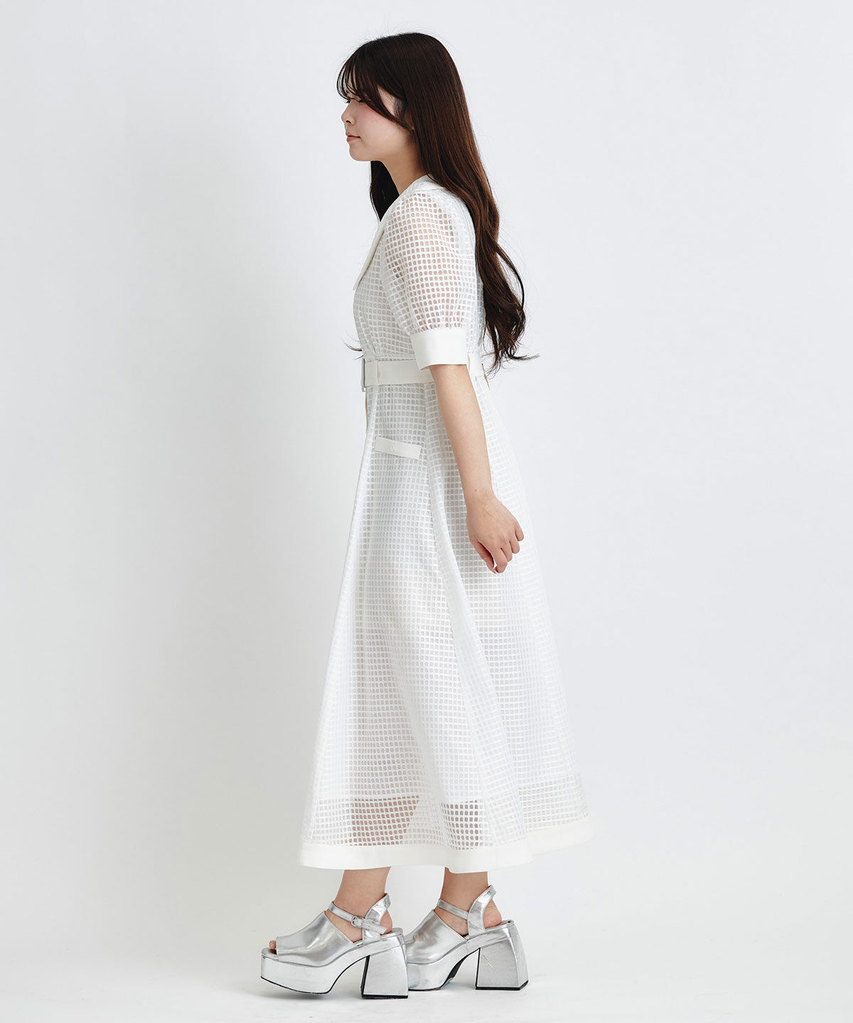 REDYAZEL「シアーチェックビッグカラーフレアロングワンピース」|ワンピース|