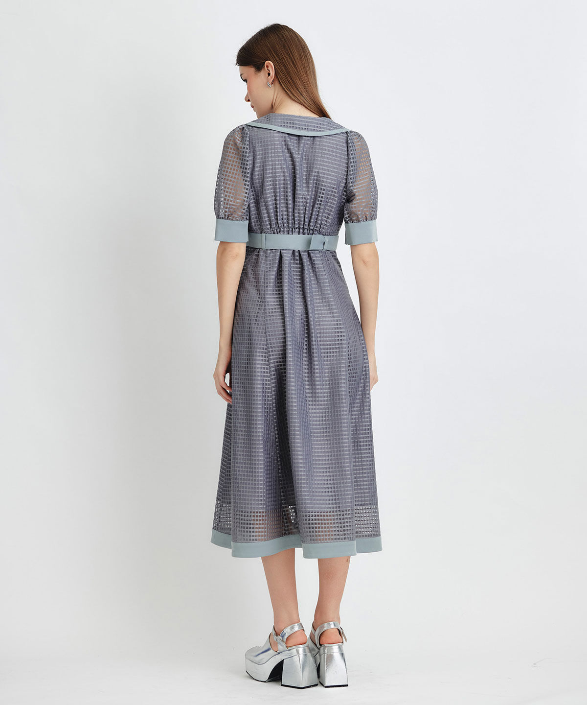 REDYAZEL「シアーチェックビッグカラーフレアロングワンピース」|ワンピース|