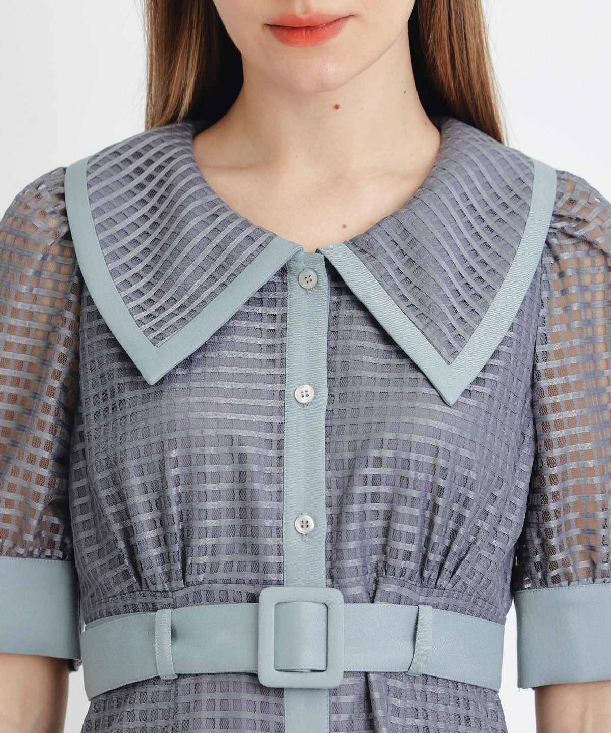 REDYAZEL「シアーチェックビッグカラーフレアロングワンピース」|ワンピース|