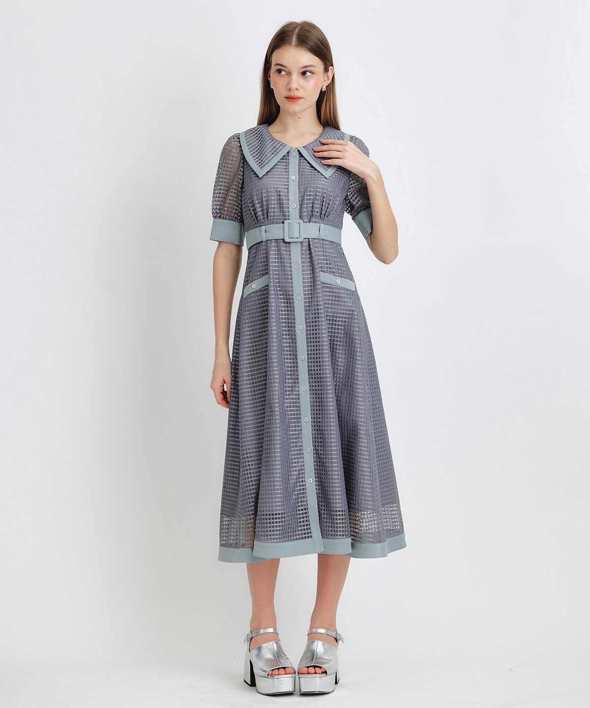 REDYAZEL「シアーチェックビッグカラーフレアロングワンピース」|ワンピース|