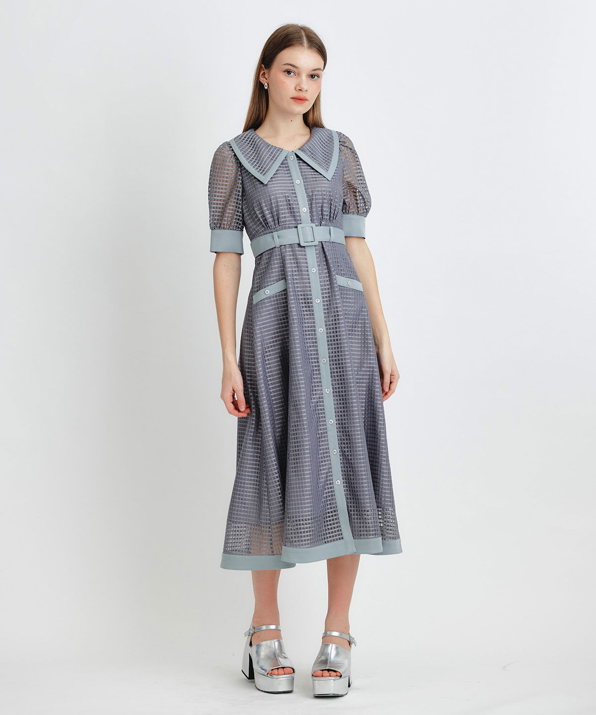 REDYAZEL「シアーチェックビッグカラーフレアロングワンピース」|ワンピース|