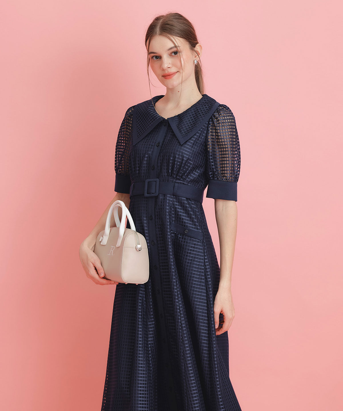 REDYAZEL「シアーチェックビッグカラーフレアロングワンピース」|ワンピース|