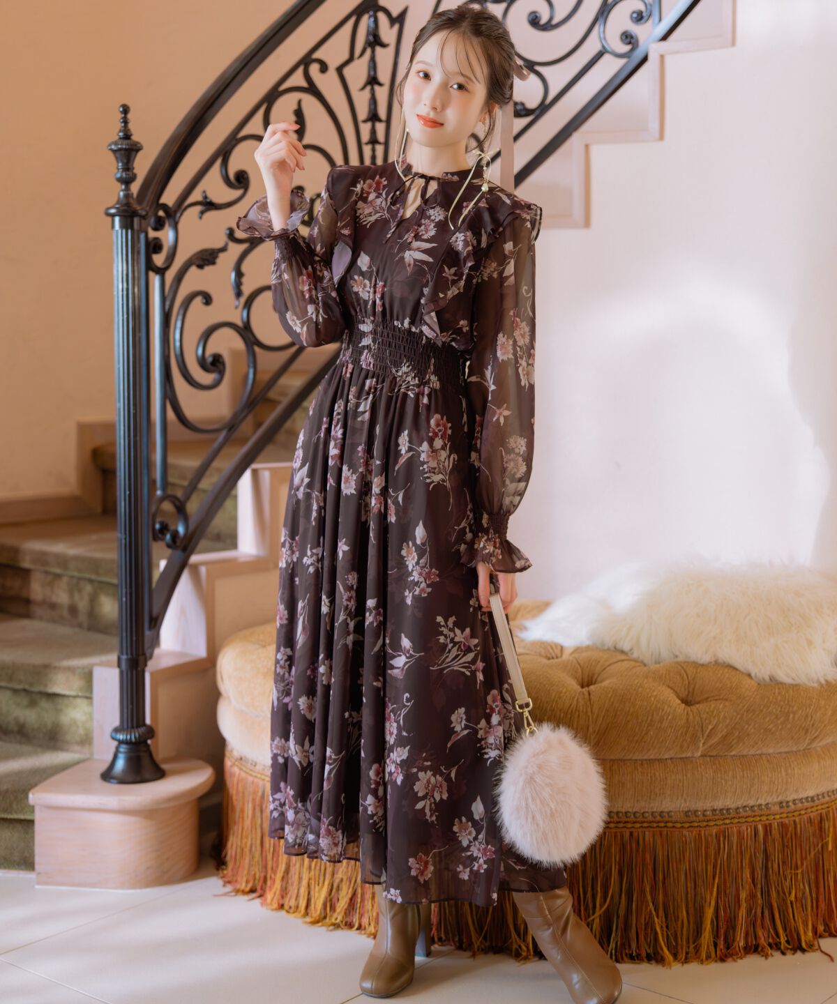 WILLSELECTION「フラワープリントウエストシャーリングワンピース」|ワンピース|