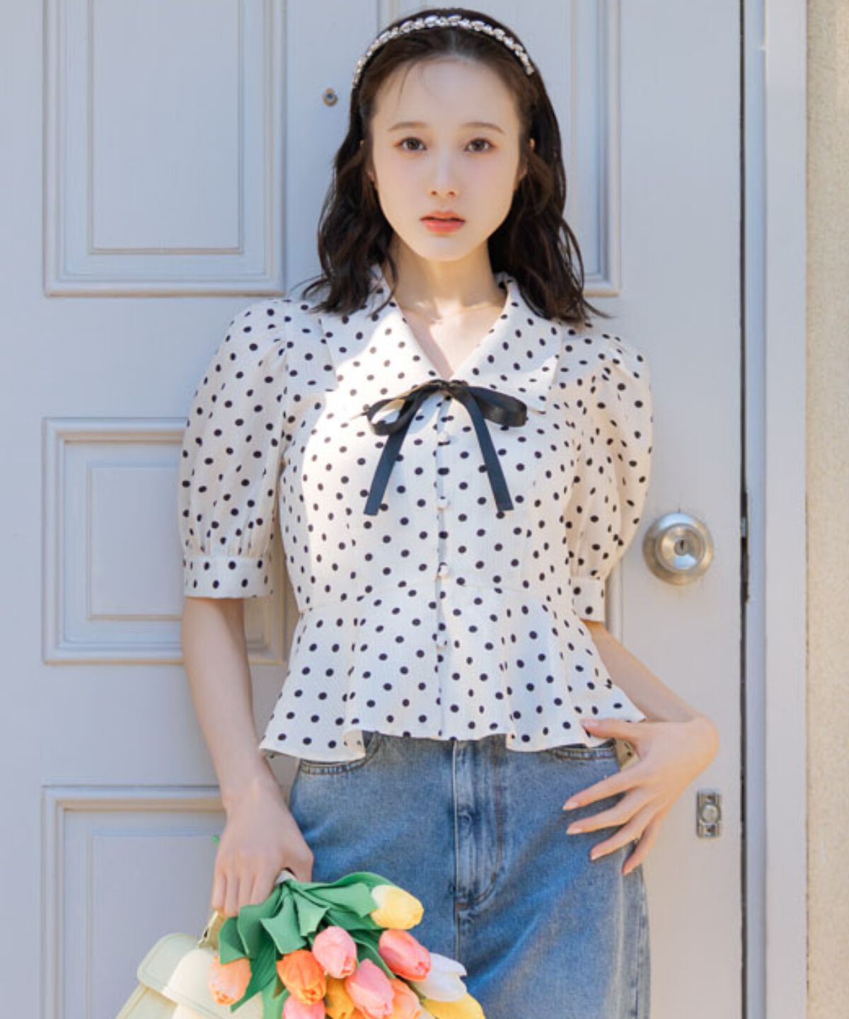 WILLSELECTION「パフスリーブドットブラウス」|シャツ・ブラウス|white/borderｽﾄﾗｲﾌﾟ