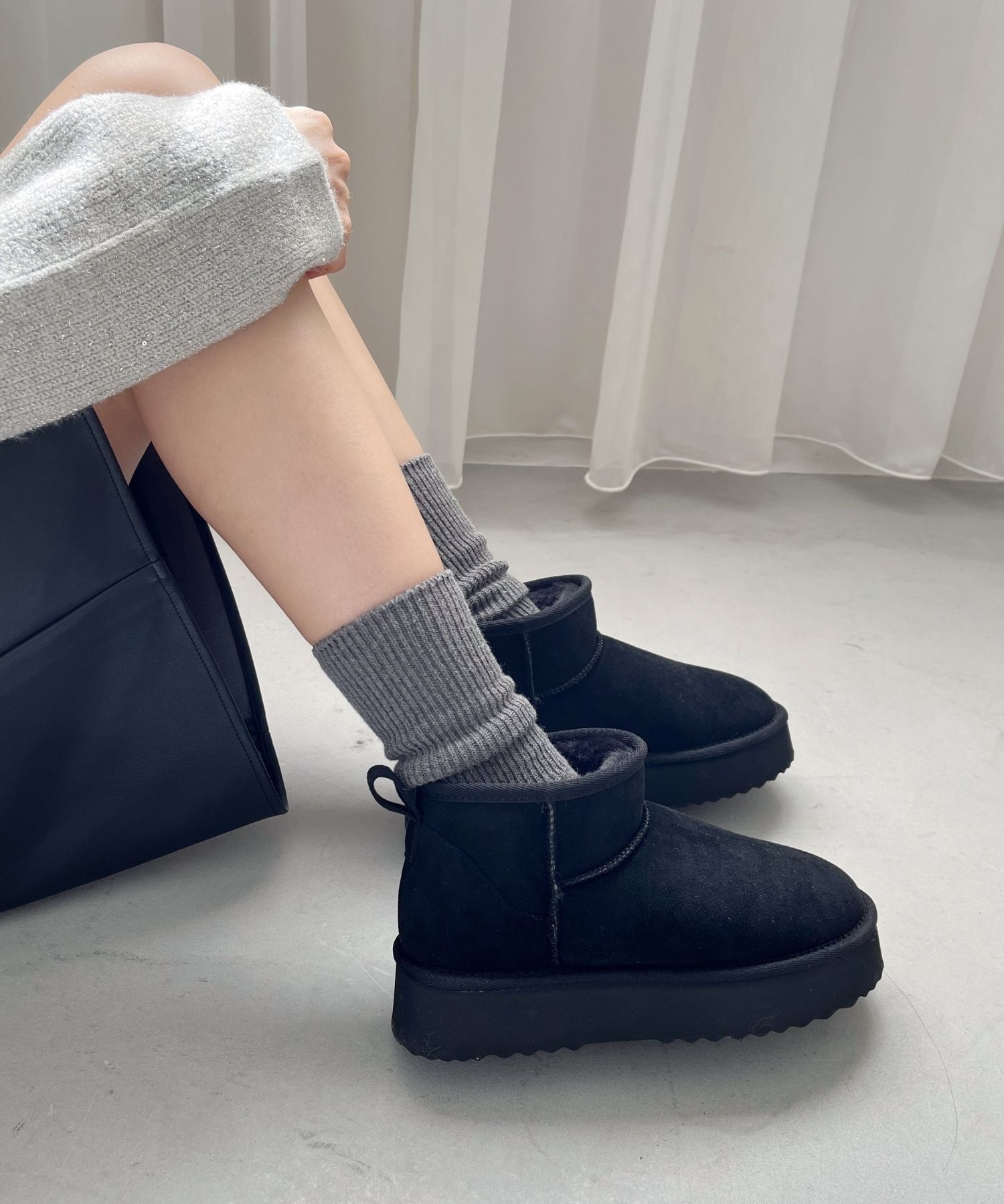 ORiental TRaffic「【累計1万足突破】 厚底 ムートン ショートブーツ /35401 軽量 防寒」|ショートブーツ|BLACK