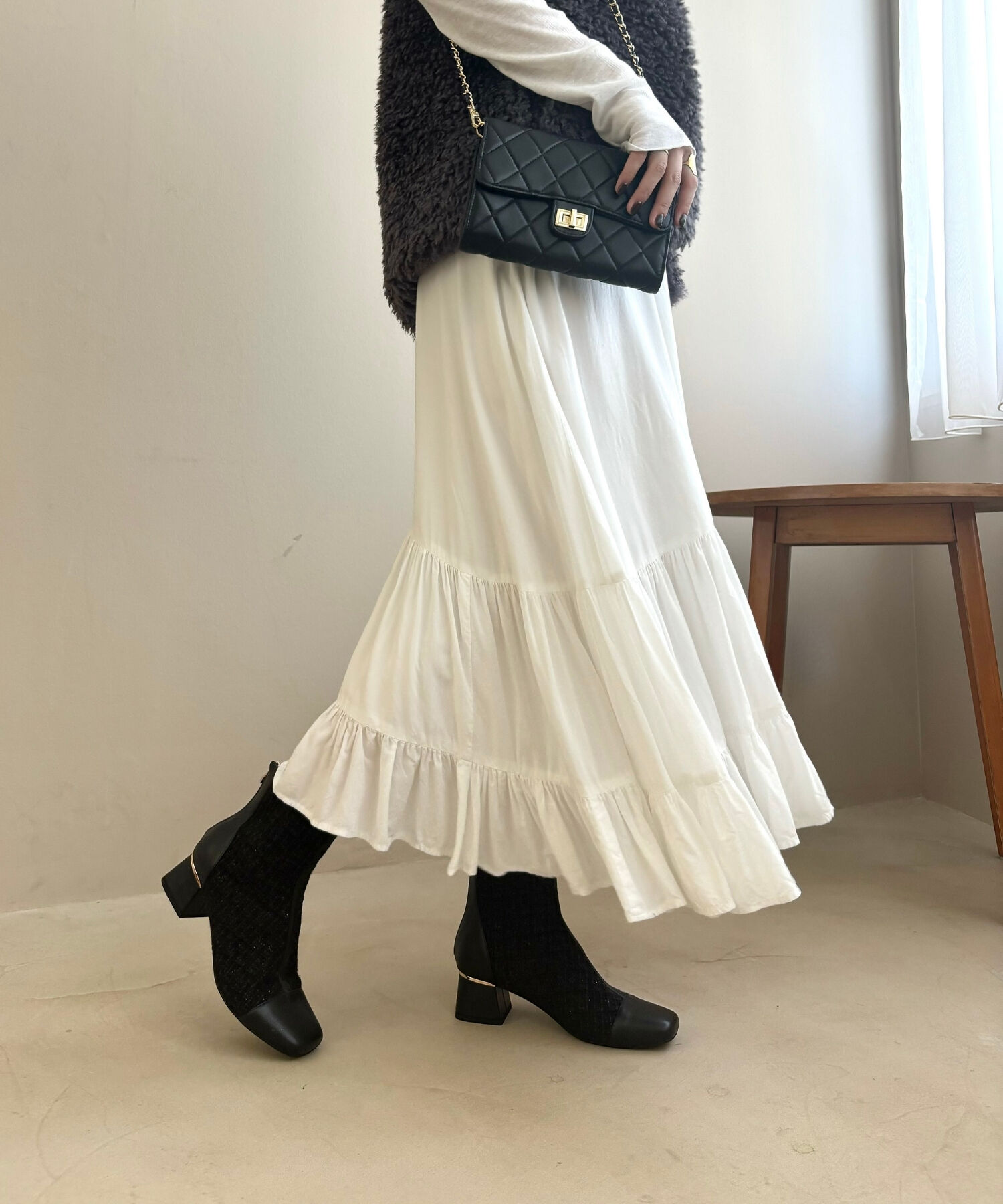 ORiental TRaffic「ツイード 切替 スクエアトゥ ブーツ /41404 ヒール5ｃｍ」|ショートブーツ|