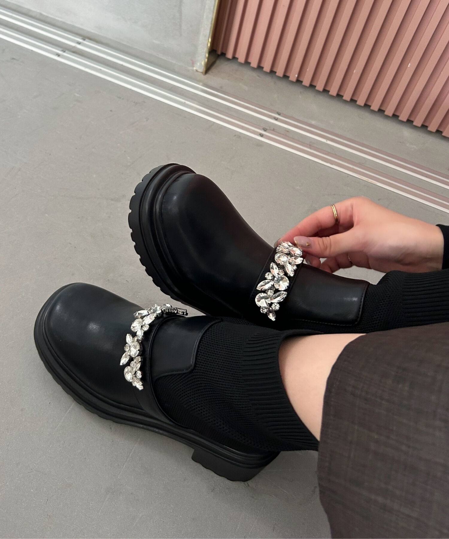 ORiental TRaffic「ビジュー ベルト ニット ドッキング ブーツ /41415」|ショートブーツ|