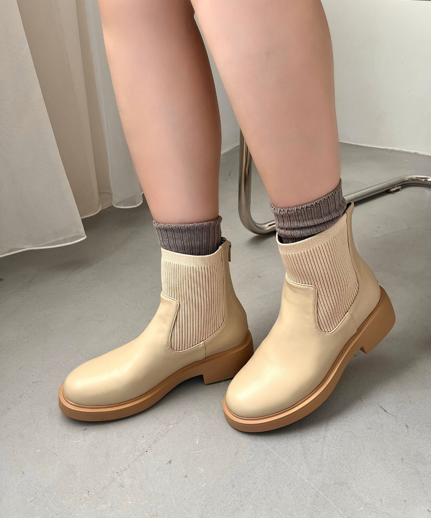 WA Oriental TRaffic「リブ ニット バックジップ ブーツ /42407 ショートブーツ 厚手クッション」|ショートブーツ|BEIGE