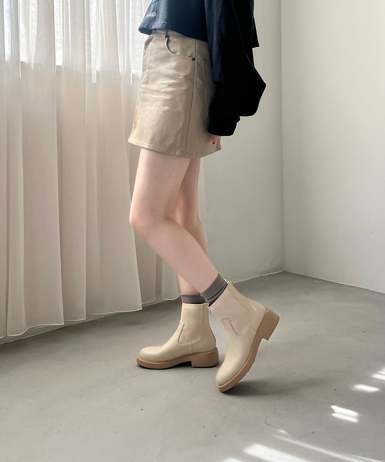 WA Oriental TRaffic「リブ ニット バックジップ ブーツ /42407 ショートブーツ 厚手クッション」|ショートブーツ|