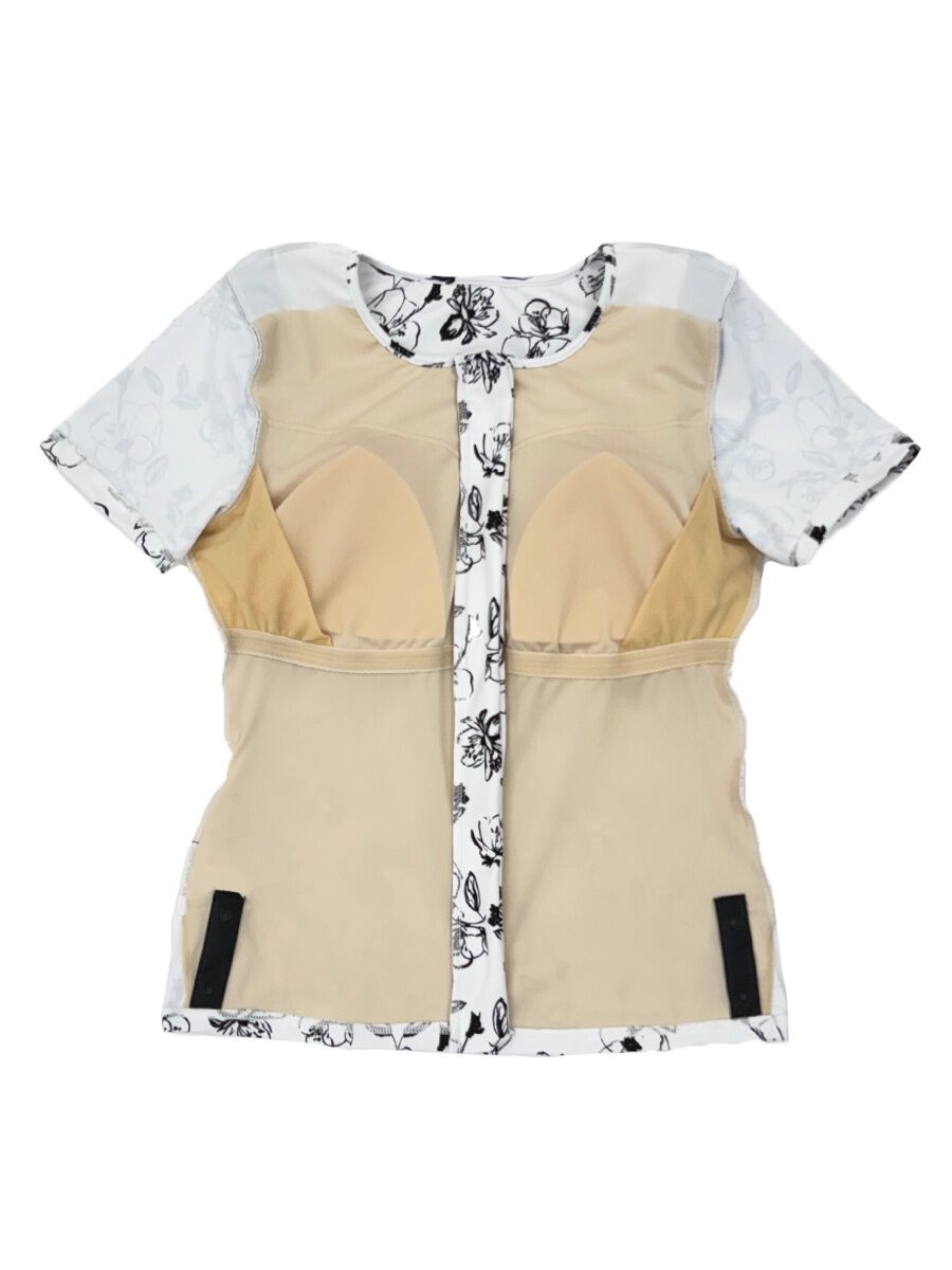 ALBOVE「モノクロ線画フラワー半袖フィットネス水着」|ビキニ|