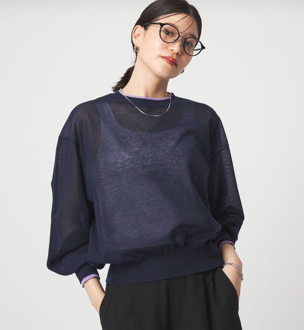 UNITED ARROWS green label relaxing「【WEB限定】＜at ease＞バイカラー シアー ニット プルオーバー」|ニット・セーター|NAVY