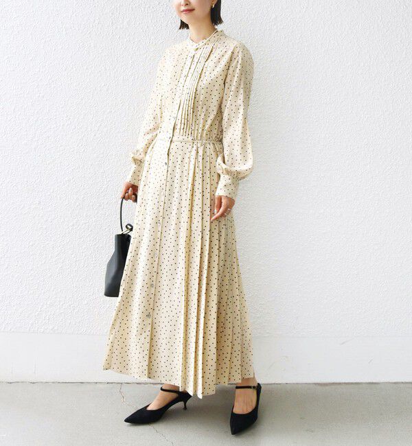 SHIPS for women「〈手洗い可能〉ドット / 花柄 バンドカラー サイド プリーツ ワンピース」|ワンピース|