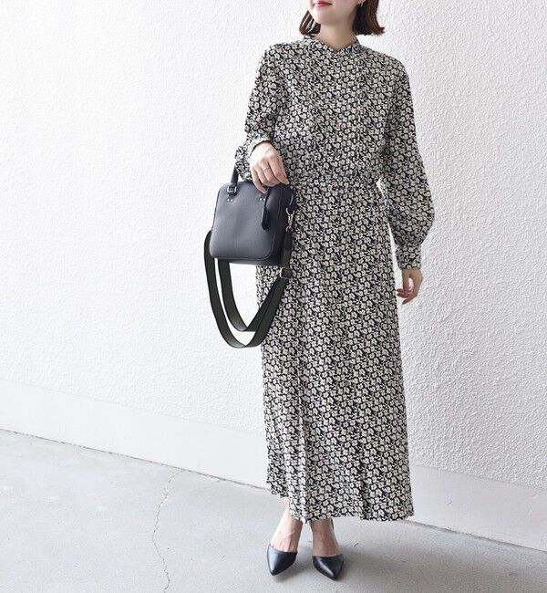 SHIPS for women「〈手洗い可能〉ドット / 花柄 バンドカラー サイド プリーツ ワンピース」|ワンピース|