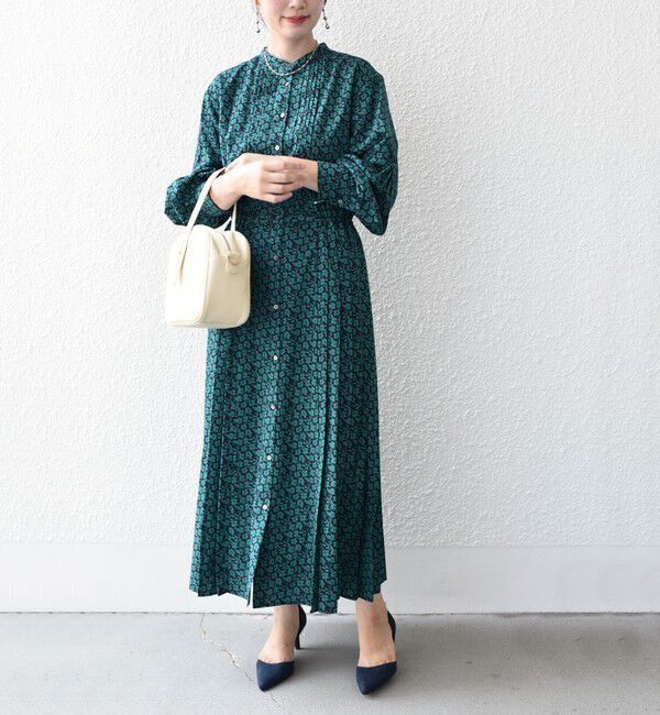 SHIPS for women「〈手洗い可能〉ドット / 花柄 バンドカラー サイド プリーツ ワンピース」|ワンピース|