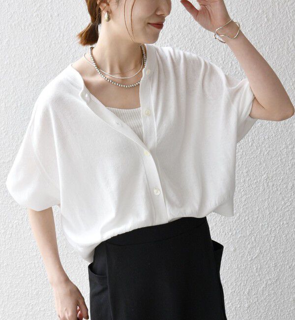 SHIPS any「SHIPS any:〈手洗い可能〉リネン ミックス ワイド パフ クルーネック シアー カーディガン」|カーディガン|