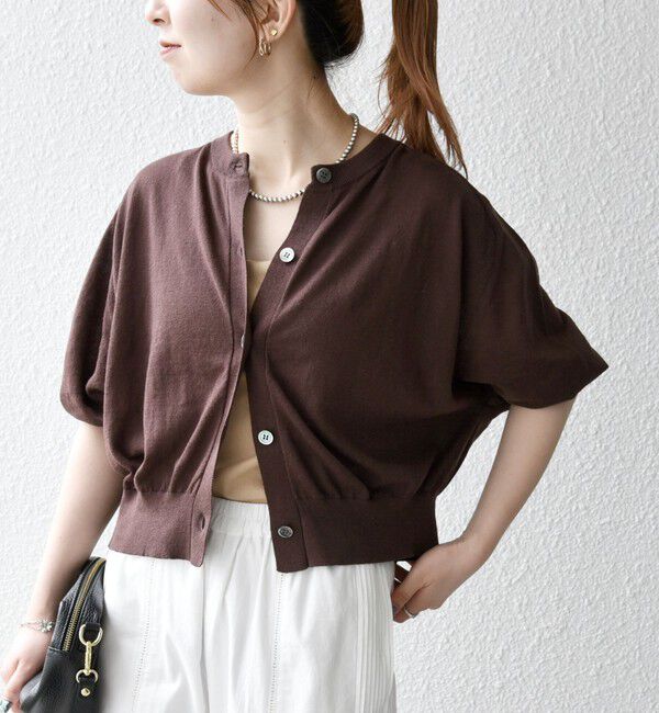 SHIPS any「SHIPS any:〈手洗い可能〉リネン ミックス ワイド パフ クルーネック シアー カーディガン」|カーディガン|