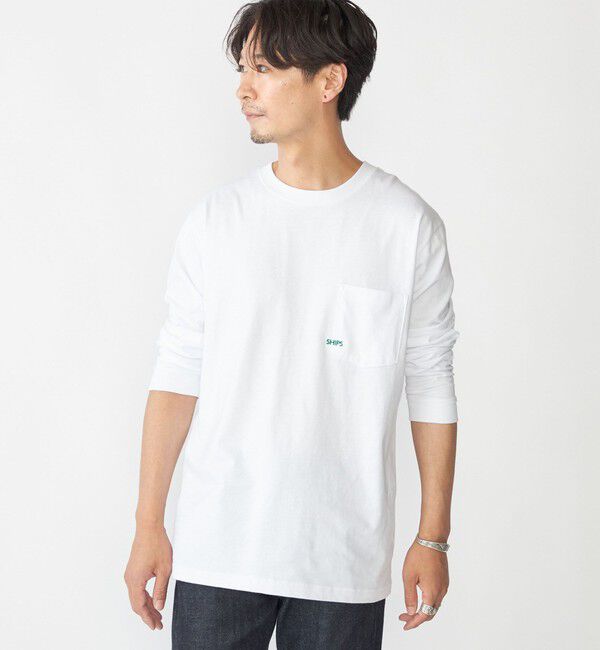 SHIPS「【WEB限定】SHIPS: マイクロ SHIPSロゴ ポケット ロングスリーブ Tシャツ (ロンT)」|Tシャツ・カットソー|