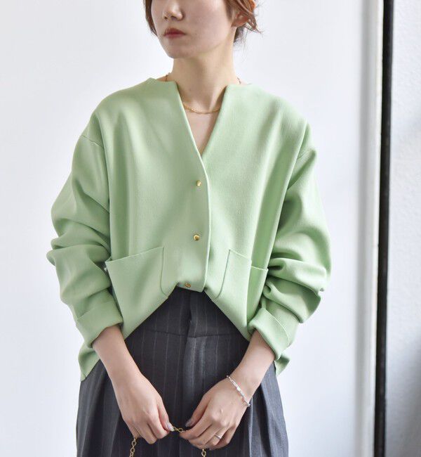 quaranciel「《一部追加予約》quaranciel:〈手洗い可能〉ノーカラー ポケット ニット ジャケット」|ノーカラージャケット|