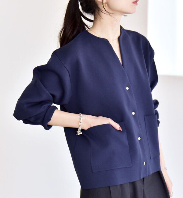 quaranciel「《一部追加予約》quaranciel:〈手洗い可能〉ノーカラー ポケット ニット ジャケット」|ノーカラージャケット|