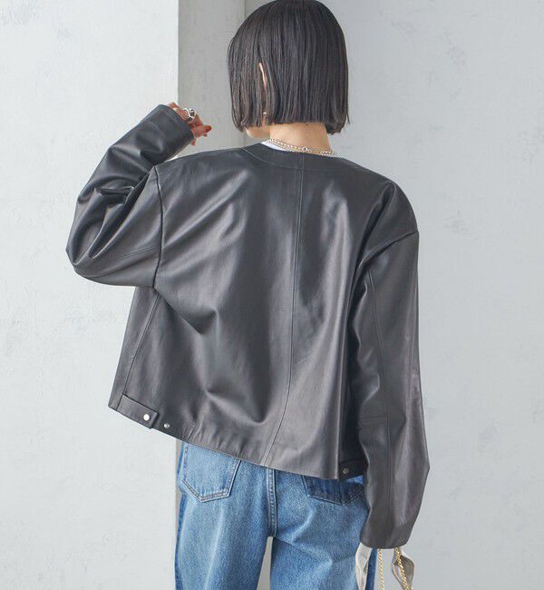 SHIPS for women「SHEEP レザー ノーカラー ブルゾン」|ノーカラージャケット|