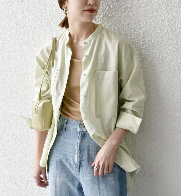 SHIPS any「SHIPS any:〈洗濯機可能〉リネン ミックス スタンドカラー ポケット シャツ 25SS 2」|シャツ・ブラウス|ライトグリーン