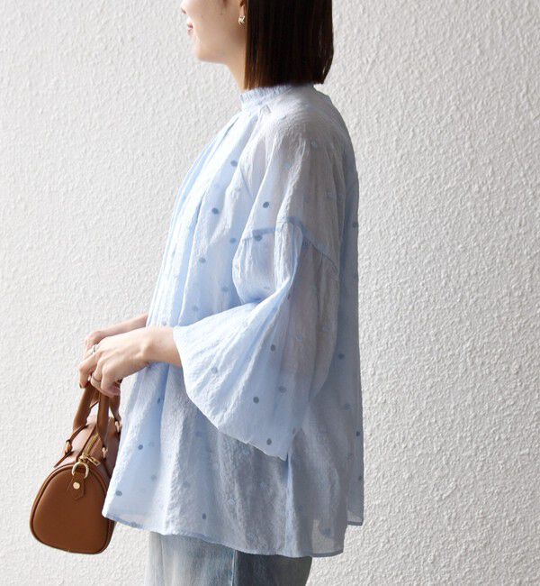 SHIPS any「【WEB限定】SHIPS any:〈手洗い可能〉シアー ドット スタンドカラー パフ ギャザー ブラウス」|シャツ・ブラウス|