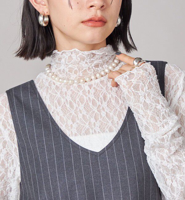 SHIPS for women「SHIPS NINE CASE:〈手洗い可能〉シアー レース ハイネック プルオーバー」|Tシャツ・カットソー|