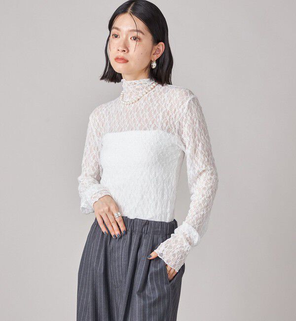 SHIPS for women「SHIPS NINE CASE:〈手洗い可能〉シアー レース ハイネック プルオーバー」|Tシャツ・カットソー|