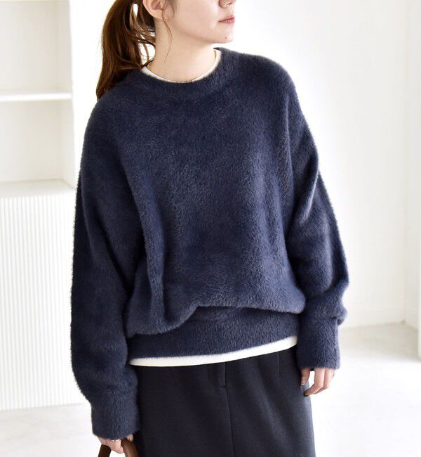 quaranciel「quaranciel:〈手洗い可能〉ファーライク クルーネック ニット プルオーバー」|ニット・セーター|ネイビー