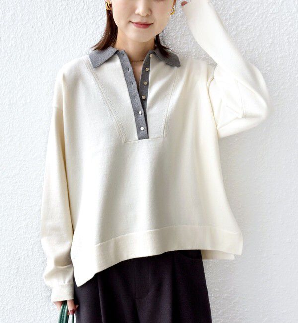 SHIPS for women「【WEB限定】〈手洗い可能〉サイド スリット ゴールド 釦 ポロ ニット」|ニット・セーター|オフホワイト