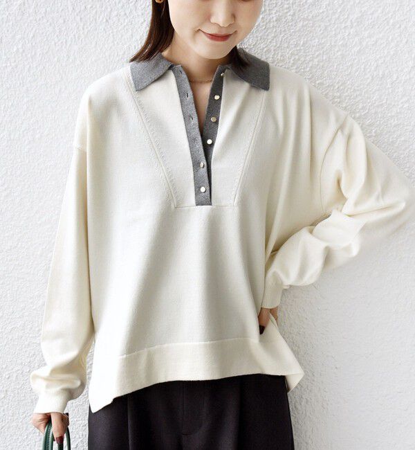 SHIPS for women「【WEB限定】〈手洗い可能〉サイド スリット ゴールド 釦 ポロ ニット」|ニット・セーター|