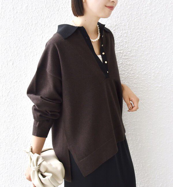 SHIPS for women「【WEB限定】〈手洗い可能〉サイド スリット ゴールド 釦 ポロ ニット」|ニット・セーター|