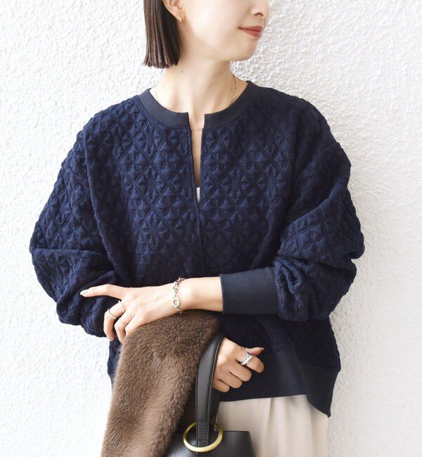 SHIPS for women「【WEB限定】〈手洗い可能〉キルティング ジャカード キーネック プルオーバー」|Tシャツ・カットソー|ネイビー