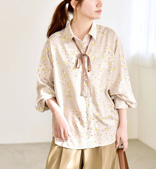 quaranciel「quaranciel:〈洗濯機可能〉ドット フラワー プリント リボンタイ シャツ」|シャツ・ブラウス|ベージュ